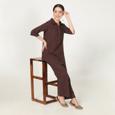 Skipper Collar Tunic Set Of 2 - Tunic & Pants - Coffee Brown